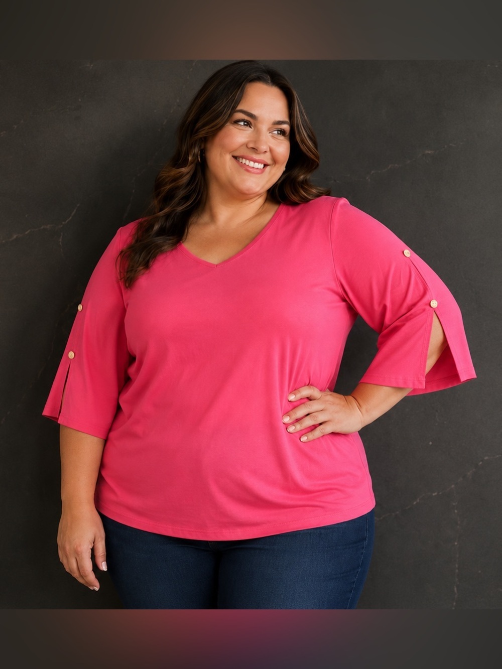 Anthony Originals Women’s Plus Size Top – Coral Pink Bell Sleeve Blouse (1376)